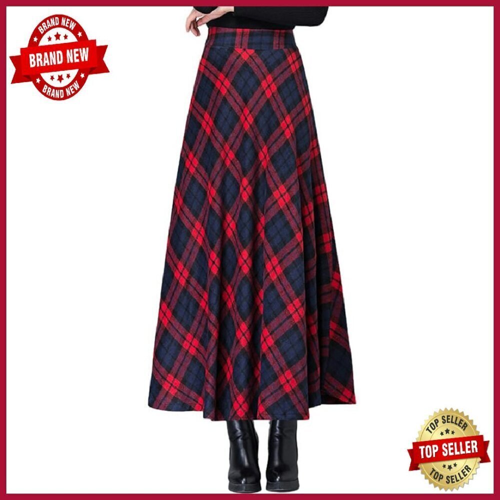 Warm Wool Plaid Skirt High Waist Elastic A-Line Long